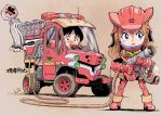  1boy 1girl adapted_costume black_eyes black_hair blue_eyes chibi eva_02 fire_helmet fire_jacket fire_truck ground_vehicle hose ikari_shinji kiichi looking_to_the_side motor_vehicle neon_genesis_evangelion nerv orange_hair parody scared souryuu_asuka_langley vehicle 