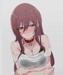  1girl absurdres bangs black_shirt blush breasts brown_hair closed_mouth collar crossed_arms grey_background hair_between_eyes highres idolmaster idolmaster_shiny_colors long_hair looking_at_viewer medium_breasts ogasawara oosaki_amana red_collar shirt simple_background sketch sleeveless solo upper_body wet wet_clothes white_shirt yellow_eyes 