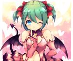  1girl bare_shoulders blue_eyes bow cleavage_cutout closed_mouth demon_girl demon_tail demon_wings elbow_gloves eyebrows_visible_through_hair fingerless_gloves gloves green_hair hair_bow hatsune_miku heart heart_background heart_cutout heart_hunter_(module) highres looking_at_viewer navel one_eye_closed pink_gloves red_bow ryuuga_sazanami short_hair smile solo tail twintails upper_body vocaloid wings 