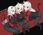  3girls :d :o animal_ears arm_support bangs black_background black_gloves black_pants black_tail black_vest breasts cerberus_(helltaker) copyright_name demon_girl demon_tail dog_ears dog_girl english_commentary fang from_above full_body gloves helltaker highres korean_commentary large_breasts long_hair looking_at_viewer multiple_girls neckwear open_mouth pants parted_bangs red_background red_eyes red_shirt shirt short_eyebrows silver_hair smile tail two-tone_background uleuleuleu vest white_horns 