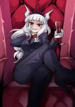  1girl absurdres alcohol bangs blunt_bangs boots breasts crossed_legs crown cup drinking_glass formal gloves grin helltaker high_heels highres horns kaorihero long_hair looking_at_viewer lucifer_(helltaker) mole mole_under_eye necktie red_eyes sitting smile solo suit white_gloves white_hair wine wine_glass 