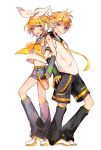  1boy 1girl back-to-back bangs belt black_collar black_shorts black_sleeves blonde_hair blue_eyes bow collar commentary crop_top derivative_work detached_sleeves full_body grey_collar grey_shorts grey_sleeves hair_bow hair_ornament hairclip headphones heel_up highres kagamine_len kagamine_rin leg_warmers locked_arms looking_at_viewer makoji_(yomogi) midriff nail_polish neckerchief necktie open_mouth sailor_collar school_uniform shirt short_hair short_ponytail short_shorts short_sleeves shorts simple_background smile spiky_hair standing swept_bangs vocaloid vocaloid_boxart_pose white_background white_bow white_footwear white_shirt yellow_nails yellow_neckwear 