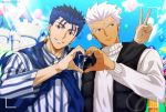  2boys akujiki59 alternate_costume amusement_park baggy_clothes balloon blue_hair blue_scarf brown_eyes camera castle collared_shirt couple cu_chulainn_(fate)_(all) dark_skin dark_skinned_male earrings fate/stay_night fate_(series) heart heart_hands heart_hands_duo hood hood_down hoodie jewelry lancer long_hair long_sleeves looking_at_viewer looking_to_the_side male_focus multiple_boys ponytail red_eyes scarf shirt sleeveless sleeveless_hoodie smile spiky_hair sweater upper_body white_hair white_sweater yaoi 