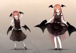  &gt;:) 2girls alternate_hair_length alternate_hairstyle armband bat_wings blush breasts bright_pupils collarbone collared_shirt commentary contrapposto dress_shirt dual_persona full_body futatsuki_eru gradient gradient_background hair_between_eyes hand_on_hip head_tilt head_wings heart height_difference koakuma large_breasts lifted_by_self loafers long_hair long_sleeves low_wings multiple_girls necktie pigeon-toed pointy_ears red_eyes red_neckwear redhead shirt shoes short_hair short_sleeves simple_background skirt skirt_lift skirt_set slit_pupils thigh-highs touhou very_long_hair white_legwear white_pupils wings zettai_ryouiki 