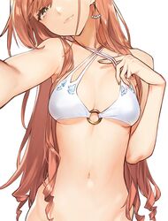  1girl 92m arisugawa_natsuha bare_shoulders bikini bikini_pull brown_eyes earrings groin highres idolmaster idolmaster_shiny_colors jewelry long_hair navel o-ring o-ring_top orange_hair simple_background solo swimsuit white_background white_bikini 