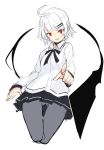  1girl :d grey_legwear hair_ornament hairclip highres looking_at_viewer open_mouth original otokuyou pantyhose pointing pointing_at_viewer red_eyes short_hair simple_background sketch skirt smile solo white_background white_hair 