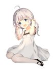  1girl azur_lane bangs blue_eyes collarbone dress eyebrows_visible_through_hair illustrious_(azur_lane) lace_trim maoyao-ll open_mouth simple_background solo twintails white_background white_dress white_hair white_legwear 