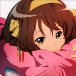  1girl bangs blush brown_eyes brown_hair close-up closed_mouth hair_between_eyes hair_ornament hairband looking_at_viewer mogege_gk pink_scarf sad scarf simple_background solo suzumiya_haruhi suzumiya_haruhi_no_yuuutsu yellow_hairband 