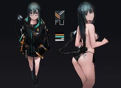  1girl absurdres ass bare_shoulders bikini black_background black_bikini black_jacket breasts exoskeleton glasses green_eyes green_hair hair_censor hand_in_pocket highres jacket long_hair long_sleeves looking_at_viewer looking_back medium_breasts multiple_views neonbeat original semi-rimless_eyewear shoes side-tie_bikini swimsuit tail tattoo thighs topless under-rim_eyewear 