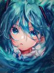  1girl :o aqua_eyes aqua_hair bangs blurry depth_of_field face hair_between_eyes hair_ornament hair_over_eyes hair_strand hatsune_miku highres irohatomo long_hair looking_at_viewer necktie portrait solo twintails vocaloid 