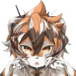  1girl animal_ears arknights artist_name china_dress chinese_clothes claws dress furry gie multicolored_hair nail_polish open_mouth orange_eyes snout streaked_hair tiger_ears tiger_girl tiger_stripes waai_fu_(arknights) white_fur 