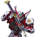  dated gerbera_straight gundam gundam_astray_red_frame gundam_seed gundam_seed_astray katana mecha no_humans sheath signature sword tokita_kouichi unsheathing weapon white_background 