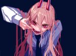  1girl black_neckwear blue_background chainsaw_man demon_girl demon_horns hair_between_eyes highres horns leaning_forward long_hair looking_at_viewer necktie neckwear open_mouth pink_hair power_(chainsaw_man) red_horns sharp_teeth shirt simple_background sketch solo teeth upper_body very_long_hair white_shirt window1228 