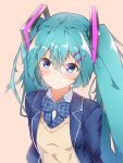  1girl absurdres aqua_eyes aqua_hair ascot beige_sweater blazer blue_jacket blush commentary hair_ornament hairclip harukawa_(hal501) hatsune_miku headphones highres jacket long_hair plaid_neckwear school_uniform smile solo sweater twintails upper_body very_long_hair vocaloid 