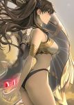  1girl armlet ass asymmetrical_sleeves back bangs bare_shoulders black_bow black_hair bow breasts closed_mouth earrings fate/grand_order fate_(series) gem gold_trim hair_bow heavenly_boat_maanna highres hoop_earrings hyury ishtar_(fate)_(all) ishtar_(fate/grand_order) jewelry large_breasts long_hair red_eyes ruby_(gemstone) thighs tiara weapon 