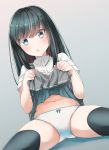  1girl asashio_(kantai_collection) black_hair black_legwear blue_eyes blush comah eyebrows_visible_through_hair gradient gradient_background grey_background grey_skirt kantai_collection lifted_by_self long_hair navel open_mouth panties pleated_skirt shirt short_sleeves skirt skirt_lift solo thigh-highs underwear white_panties white_shirt 