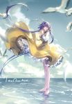  1girl bare_legs barefoot bird dress flower full_body highres kieta long_hair nail_polish ocean purple_hair seagull smile solo toenails touhou tsukumo_benben violet_eyes yellow_flower 