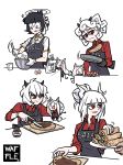  6+girls absurdres angel animal_ears breasts cerberus_(helltaker) chibi clothes_writing cooking demon_girl demon_horns demon_tail dog_ears halo helltaker highres horns lucifer_(helltaker) medium_breasts multiple_girls tail triplets waffle_drink 