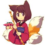  +_+ 2girls animal_ears bamboo_broom blush_stickers bob_cut broom brown_eyes brown_hair closed_mouth copyright_request eyebrows_visible_through_hair fox_ears fox_tail goggles goggles_on_head japanese_clothes kimono long_sleeves looking_at_viewer metata multiple_girls multiple_tails obi red_kimono redhead sash short_hair simple_background smile tail white_background 
