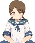  1girl alchera bangs blue_sailor_collar blue_skirt brown_eyes brown_hair collared_shirt kantai_collection low_twintails neckerchief parted_bangs sailor_collar school_uniform serafuku shirayuki_(kantai_collection) shirt short_hair short_twintails simple_background skirt solo twintails upper_body white_background 