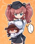  ... 2girls anchor_hair_ornament asimo953 atlanta_(kantai_collection) black_headwear black_skirt blue_eyes blush blush_stickers breast_rest breasts brown_hair chibi commentary_request earrings flying_sweatdrops garrison_cap garter_straps gloves hair_flaps hair_ornament hairband hat hatsuzuki_(kantai_collection) highres hug jewelry kantai_collection large_breasts long_hair long_sleeves looking_at_another multiple_girls nose_blush shirt simple_background skirt star_(symbol) star_earrings suspender_skirt suspenders sweatdrop thigh_strap two_side_up white_gloves white_shirt 