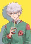  1boy 1o8k :p blue_eyes character_print collared_shirt cup disposable_cup drinking_straw english_commentary green_sweater hair_between_eyes holding hunter_x_hunter ikalgo killua_zoldyck long_sleeves looking_at_viewer male_focus octopus_print print_sweater shadow shirt simple_background smile solo spiky_hair striped sweater tongue tongue_out upper_body white_hair yellow_background 