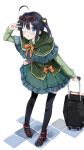  1girl :o absurdres ahoge alternate_costume backpack bag black_footwear black_legwear blue_eyes blush bow chuunibyou_demo_koi_ga_shitai! commentary dress eyepatch frills full_body green_dress hair_ribbon highres holding long_sleeves looking_at_viewer marie_(pixiv31942978) one_side_up orange_bow orange_neckwear purple_hair ribbon shoe_bow shoes short_hair simple_background solo standing takanashi_rikka thigh-highs white_background yellow_ribbon 