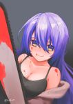  1girl absurdres black_camisole blood blood_on_face blush chainsaw highres hololive hololive_indonesia kaidho moona_hoshinova multicolored multicolored_eyes off-shoulder_jacket purple_hair solo twitter_username upper_body virtual_youtuber yandere 