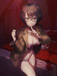  1girl absurdres ahoge blush brown_hair finger_to_mouth glasses highres lingerie lockpick original short_hair smile underwear wattaro 