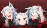  1boy 3girls :3 animal_ears bent_over black_gloves black_neckwear black_pants black_vest cerberus_(helltaker) collared_shirt commentary demon_girl demon_tail dog_ears dog_girl fangs girl_on_top gloves happy heart heart-shaped_pupils helltaker helltaker_(character) ippers long_hair looking_at_viewer multiple_girls necktie neckwear open_mouth pants petting puffy_sleeves red_eyes red_shirt shirt siblings sisters symbol-shaped_pupils tail tongue triplets very_long_hair vest white_hair 