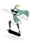  1girl absurdres agate_(tongari_boushi_no_atelier) black_headwear brown_footwear cape closed_eyes drawfag green_cape green_headwear hat highres short_hair simple_background skateboard skirt solo tongari_boushi_no_atelier white_background white_skirt 