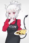  1girl absurdres apron bangs black_apron breasts commentary demon_girl demon_horns demon_tail food fork helltaker highres holding holding_plate horns long_hair looking_at_viewer lucifer_(helltaker) mole mole_under_eye nyokki763 pancake plate red_eyes red_shirt shirt simple_background smile solo tail white_background white_hair white_horns 