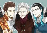  3boys beard black_hair blue_background blue_eyes blue_hair brown_hair cigar collar cravat facial_hair fate/grand_order fate_(series) formal gloves glowing glowing_hair goatee gradient_hair grey_hair james_moriarty_(fate/grand_order) long_hair long_sleeves looking_at_viewer male_focus military military_uniform misamisa21 multicolored_hair multiple_boys mustache napoleon_bonaparte_(fate/grand_order) nikola_tesla_(fate/grand_order) old_man sash shiny shiny_hair shoulder_support sideburns simple_background smile uniform upper_body v vest 