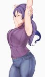  1girl alp aqua_nails armpits arms_up breasts closed_eyes closed_mouth denim from_side highres jeans large_breasts long_hair love_live! love_live!_school_idol_project pants profile purple_hair purple_sweater simple_background sleeveless_sweater solo standing stretch sweater toujou_nozomi twintails white_background 