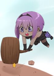  1girl :o bangs bare_shoulders black_bodysuit blue_sky bodysuit chibi clouds dark_skin day eyebrows_visible_through_hair fate/prototype fate/prototype:_fragments_of_blue_and_silver fate_(series) hair_between_eyes hassan_of_serenity_(fate) highres holding holding_hammer i.u.y open_mouth outdoors purple_hair round_teeth sidelocks sky solo teeth two-handed upper_teeth violet_eyes 