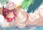    1girl absurdres azur_lane bikini breasts chanel eyebrows_visible_through_hair flower green_eyes hair_between_eyes haruto_(nyannzou789) hat hat_flower highres huge_breasts in_water long_hair looking_at_viewer multiple_straps pink_flower redhead see-through sheer_clothes straw_hat sun_hat sunglasses surcouf_(azur_lane) surcouf_(loisirs_balneaires)_(azur_lane) swimsuit white_bikini white_flower 