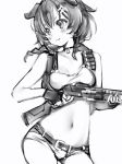  1girl :3 animal_ears belt blush bone_hair_ornament braid breasts choker closed_mouth contrapposto cowboy_shot dog_ears doom_(game) finger_on_trigger greyscale gun hair_ornament hairclip highres holding holding_gun holding_weapon inugami_korone medium_breasts monochrome nanashi_(nlo74593630) navel short_shorts shorts shotgun shotgun_shells simple_background smile solo virtual_youtuber weapon white_background 