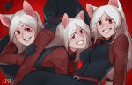  3girls animal_ear_fluff animal_ears artist_name black_gloves black_neckwear black_pants black_vest cerberus_(helltaker) commentary demon_tail dog_ears english_commentary eyebrows_visible_through_hair eyes_visible_through_hair gloves grin helltaker highres less long_hair long_sleeves looking_at_viewer low-tied_long_hair multiple_girls necktie pants red_background red_eyes red_shirt shirt simple_background smile tail vest white_hair wing_collar 
