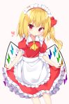  1girl alternate_costume alternate_headwear apron bangs blonde_hair blush commentary contrapposto cravat cropped_legs enmaided expressionless eyebrows_visible_through_hair feet_out_of_frame flandre_scarlet gradient gradient_background hair_ribbon head_tilt heart highres kuraaken lifted_by_self looking_at_viewer maid maid_headdress one_side_up petticoat pink_background puffy_short_sleeves puffy_sleeves red_eyes red_shirt red_skirt ribbon shiny shiny_hair shirt short_hair short_sleeves skirt skirt_lift skirt_set solo touhou waist_apron white_background wings yellow_neckwear 