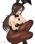  1girl absurdres animal_ears black_footwear black_hair black_leotard blush bow bowtie bracelet breasts bunny_girl bunny_tail bunnysuit commentary_request covering covering_breasts fake_animal_ears frown hair_over_one_eye highres jewelry korean_commentary large_breasts leotard long_hair looking_at_viewer open_mouth pantyhose rabbit_ears red_eyes simple_background solo sookmo tail white_background 