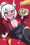  1girl apron black_apron black_tail breasts demon_girl demon_tail food helltaker highres jazzjack large_breasts lucifer lucifer_(helltaker) pancake suggestive_fluid tail white_horns 