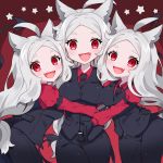  3girls :d animal_ears black_gloves black_legwear black_neckwear black_pants black_suit black_tail black_vest blush breasts cerberus_(helltaker) collared_shirt demon_girl demon_tail dog_ears dog_girl fang formal gloves helltaker highres long_hair looking_at_viewer low-tied_long_hair matching_outfit multiple_girls necktie neckwear open_mouth pants ponpeex red_background red_eyes red_shirt shirt siblings silver_hair simple_background sisters small_breasts smile standing suit tail triplets very_long_hair vest white_hair 