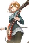  1girl :d absurdres black_jacket black_legwear blazer breasts brown_eyes brown_hair buttons cable commentary electric_guitar gibson grey_skirt guitar hair_between_eyes hair_ornament hairclip highres hirasawa_yui holding holding_instrument instrument jacket k-on! les_paul long_sleeves looking_at_viewer miniskirt open_mouth pantyhose pleated_skirt plectrum pro-p sakuragaoka_high_school_uniform school_uniform short_hair simple_background skirt small_breasts smile solo strap symbol_commentary white_background wing_collar 