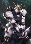  aiyat_@_maotto beam_saber char&#039;s_counterattack commentary_request energy_sword glowing glowing_eye green_eyes gundam highres light_particles logo looking_at_viewer mecha no_humans nu_gundam solo standing sword weapon 