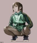  1girl absurdres bangs black_footwear brown_eyes brown_hair brown_legwear full_body green_jacket hands_in_pockets highres initial jacket leggings original pink_background ponytail red-core_timber shoes sidelocks sneakers solo squatting track_jacket 