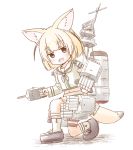  1girl :d anchor_symbol animal_ear_fluff animal_ears bangs black_footwear blonde_hair blunt_bangs cannon commentary_request cosplay eyebrows_visible_through_hair fennec_(kemono_friends) fox_ears fox_girl fox_tail fujisaki_yuu full_body grey_eyes grey_neckwear holding kantai_collection kemono_friends kitakami_(kantai_collection) kitakami_(kantai_collection)_(cosplay) loafers long_sleeves looking_at_viewer machinery neckerchief one_knee open_mouth remodel_(kantai_collection) shadow shirt shoes short_hair smile socks solo tail torpedo_tubes turret white_background white_legwear white_shirt 