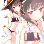  1girl artist_name bandaged_arm bandaged_leg bandages bare_shoulders bikini black_bikini blush breasts brown_hair dated hat heart heart_hands highres kono_subarashii_sekai_ni_shukufuku_wo! kurosu_tsugutoshi megumin multiple_views red_eyes ribbon short_hair_with_long_locks small_breasts solo swimsuit witch_hat 