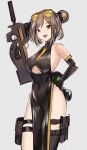  1girl alternate_costume ammunition_pouch bare_shoulders black_gloves black_legwear breasts brown_hair bullpup china_dress chinese_clothes double_bun dress elbow_gloves gas_mask girls_frontline gloves gun hayabusa high_collar highres large_breasts medium_hair open_mouth p90 p90_(girls_frontline) pelvic_curtain pouch red_eyes sideboob single_thighhigh slit_pupils smile solo submachine_gun thigh-highs thigh_strap thighs underboob_cutout weapon 