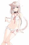  1girl animal_ears ass_visible_through_thighs babydoll bare_arms bare_shoulders blue_eyes breasts cat_ears cat_girl cat_tail chain closed_mouth collar collarbone frilled_panties frills frown groin hair_ornament lingerie looking_at_viewer medium_hair navel original panties pink_ribbon ribbon see-through silver_hair simple_background small_breasts solo stomach tail thigh_strap thighs underwear underwear_only white_background white_panties yon_(letter) 