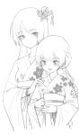  2girls :d blush bracelet butterfly_hair_ornament chinese_commentary copyright_request eyebrows_visible_through_hair flower flower_request gorgeous_mushroom greyscale hair_ornament hands_on_another&#039;s_shoulders height_difference highres holding holding_flower japanese_clothes jewelry kimono long_hair long_sleeves low_twintails monochrome multiple_girls obi open_mouth sash simple_background smile twintails white_background wide_sleeves 